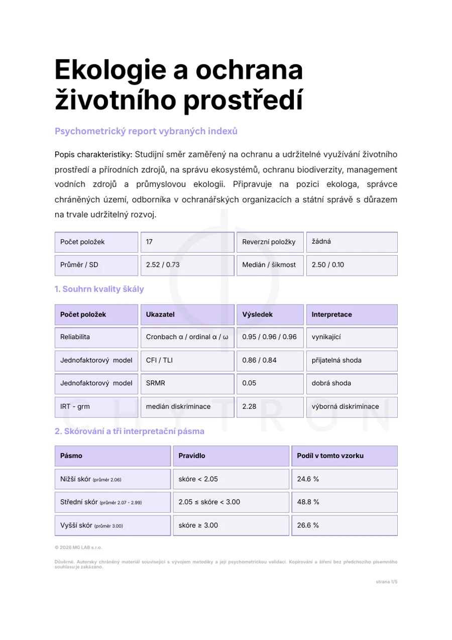 Náhled psychometrického reportu Ekologie a ochrana životního prostředí
